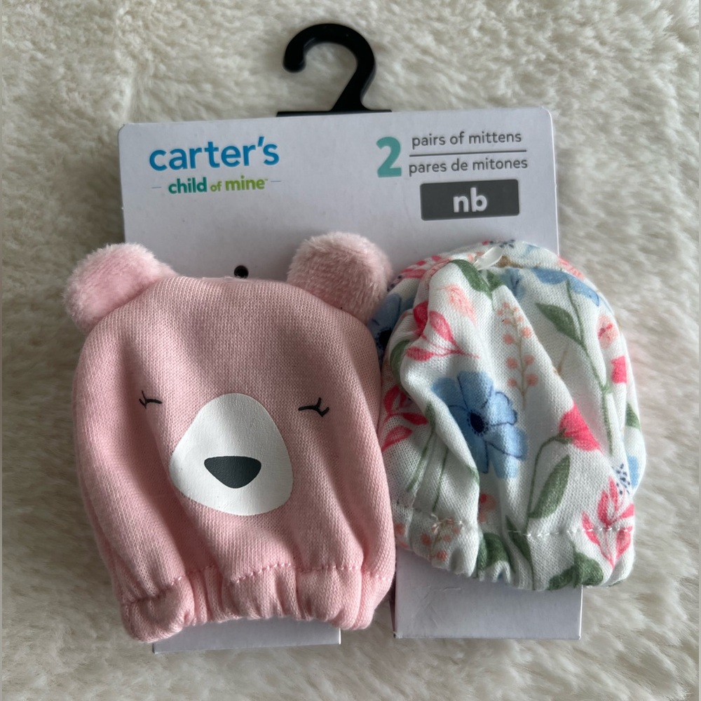 Carter's Pink Bear and Floral Newborn Baby Mittens